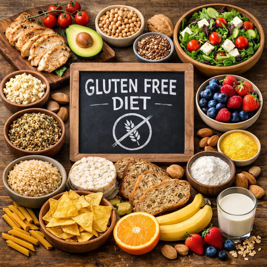 Assorted gluten-free foods including fruits, vegetables, grains, nuts, and dairy around a gluten free diet chalkboard