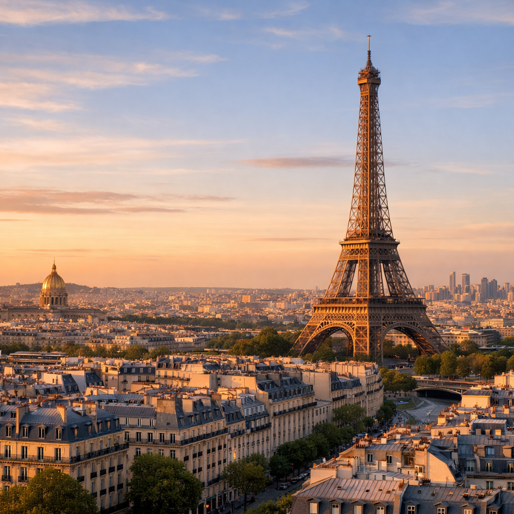 Eiffel Tower overlooking Paris rooftops under a sunset sky