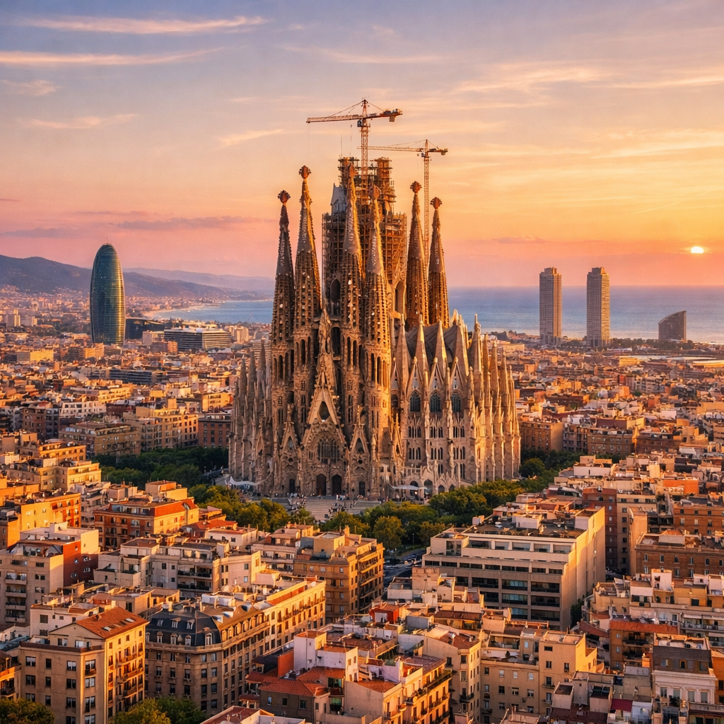 Sagrada Familia basilica with cranes in Barcelona at sunset