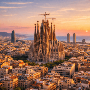 Sagrada Familia basilica with cranes in Barcelona at sunset