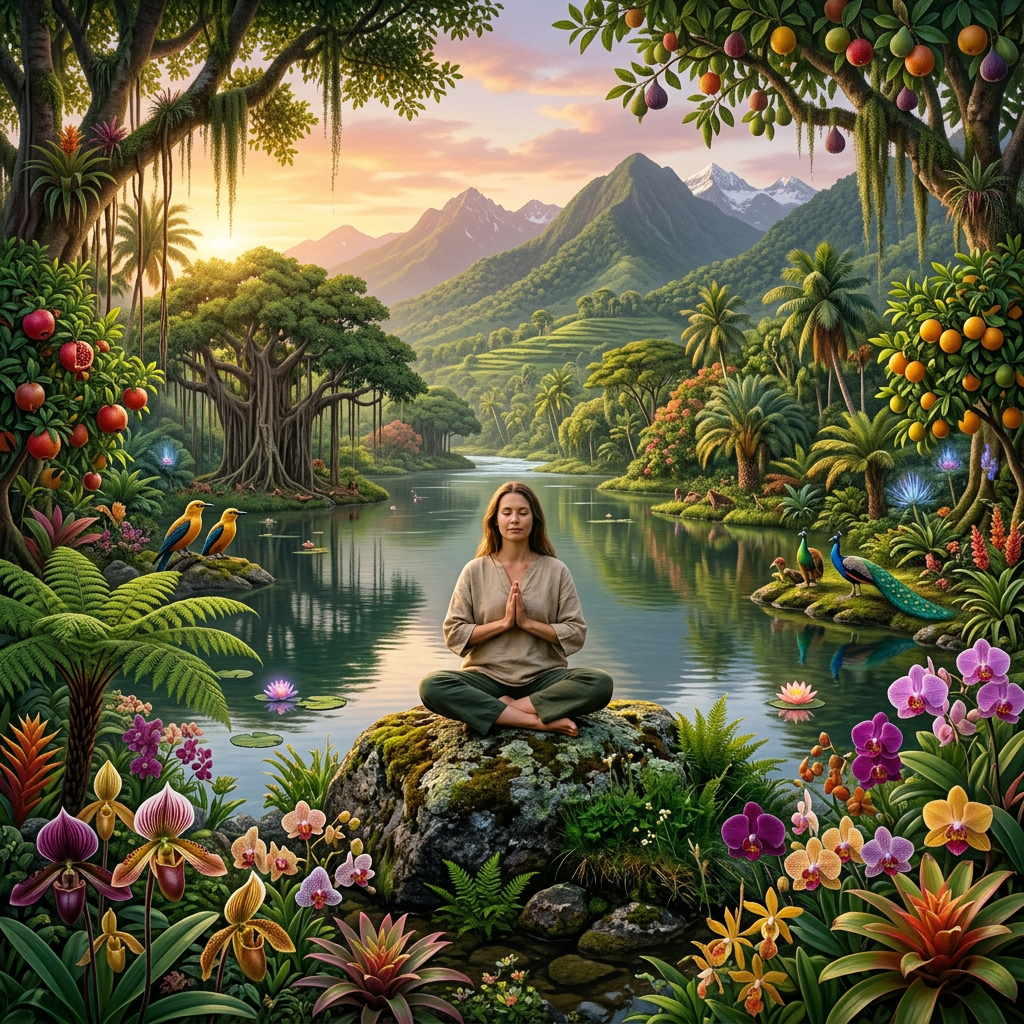 Woman sitting cross-legged meditating on a rock surrounded by tropical plants and a river